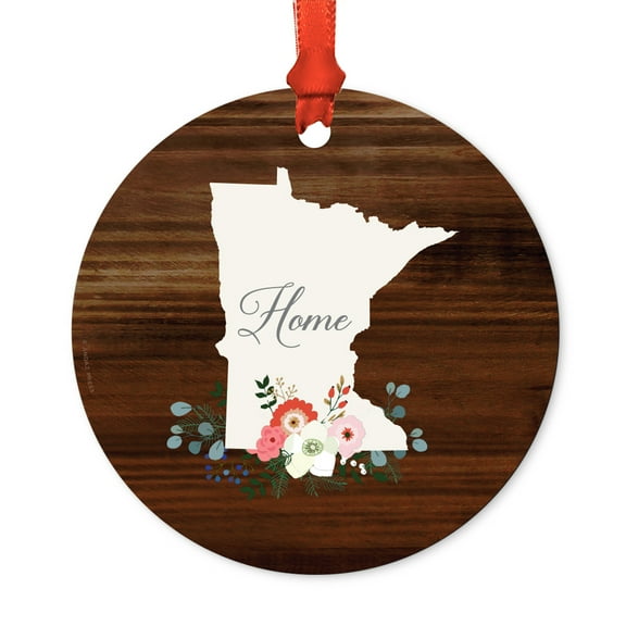 US State Round Metal Christmas Ornament, Rustic Wood with Florals Home, Minnesota, Includes Ribbon and Gift Bag