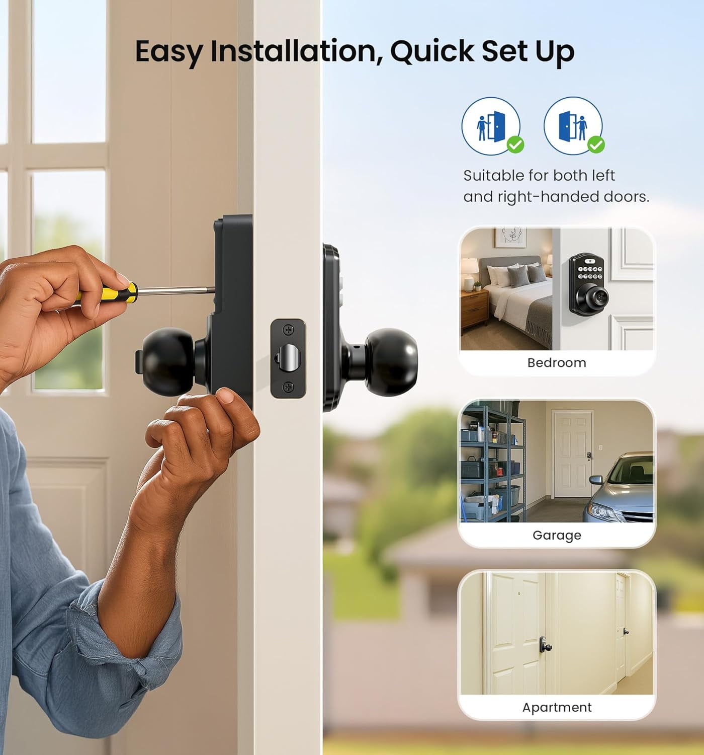 Veise Keypad Door Knob Lock, Keyless Entry Digital Lock for Front Door & Bedroom, Easy Installation, Auto-Locking, Matte Black