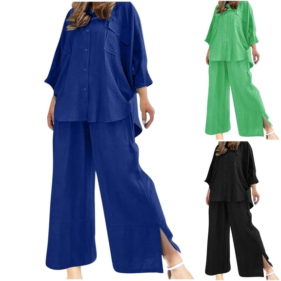 Ashirexll Two Piece Sets for Women, Outfits for Women, Casual Loose Solid Color Linen Shirt and Long Sleeve Pants Comfortable Two Piece Set