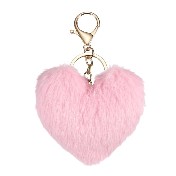 Uxcell Pom Pom Keychain, 10cm Faux Rabbit Fur Fluffy Pompoms Keyring, Soft Cute Plush Fluffy Heart Keychains for Women Purse Handbag Bag Pendant DIY Crafts, Light Pink