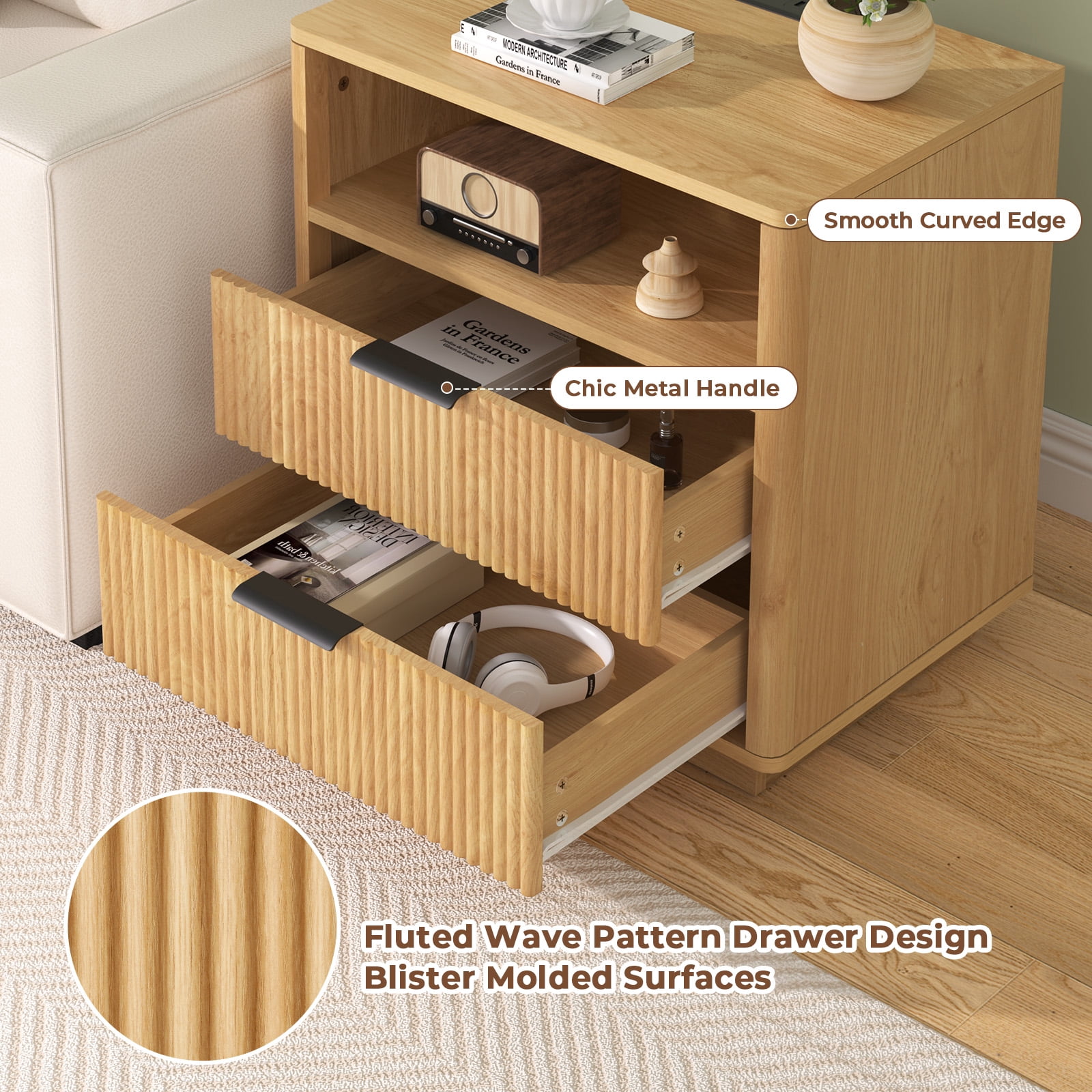 Hommpa Fluted Nightstand, 2 Drawers Bed Side Table with Charging Station, Modern End Side Table for Bedroom Furniture Living Room Sofa, Night Stand with Storage Drawers and Open Shelf