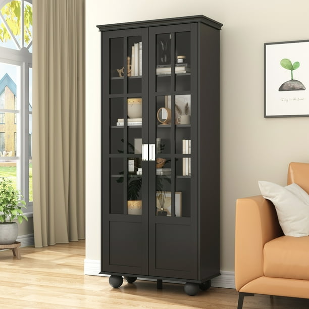 Hitow 5Tier Tall Bookcase Storage with 2 Acrylic Doors, Wooden