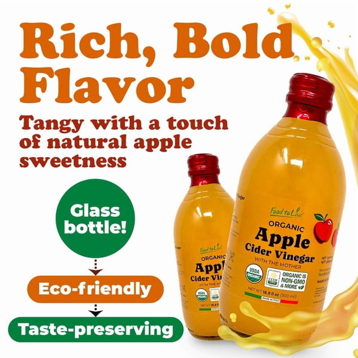Food To Live Organic Apple Cider Vinegar, 500 ml – Raw Italian Natural Vinegar with the Mother, Unfiltered, Unpasteurized, Non-GMO, Vegan, Bulk, Glass Bottle (Pack of 6)