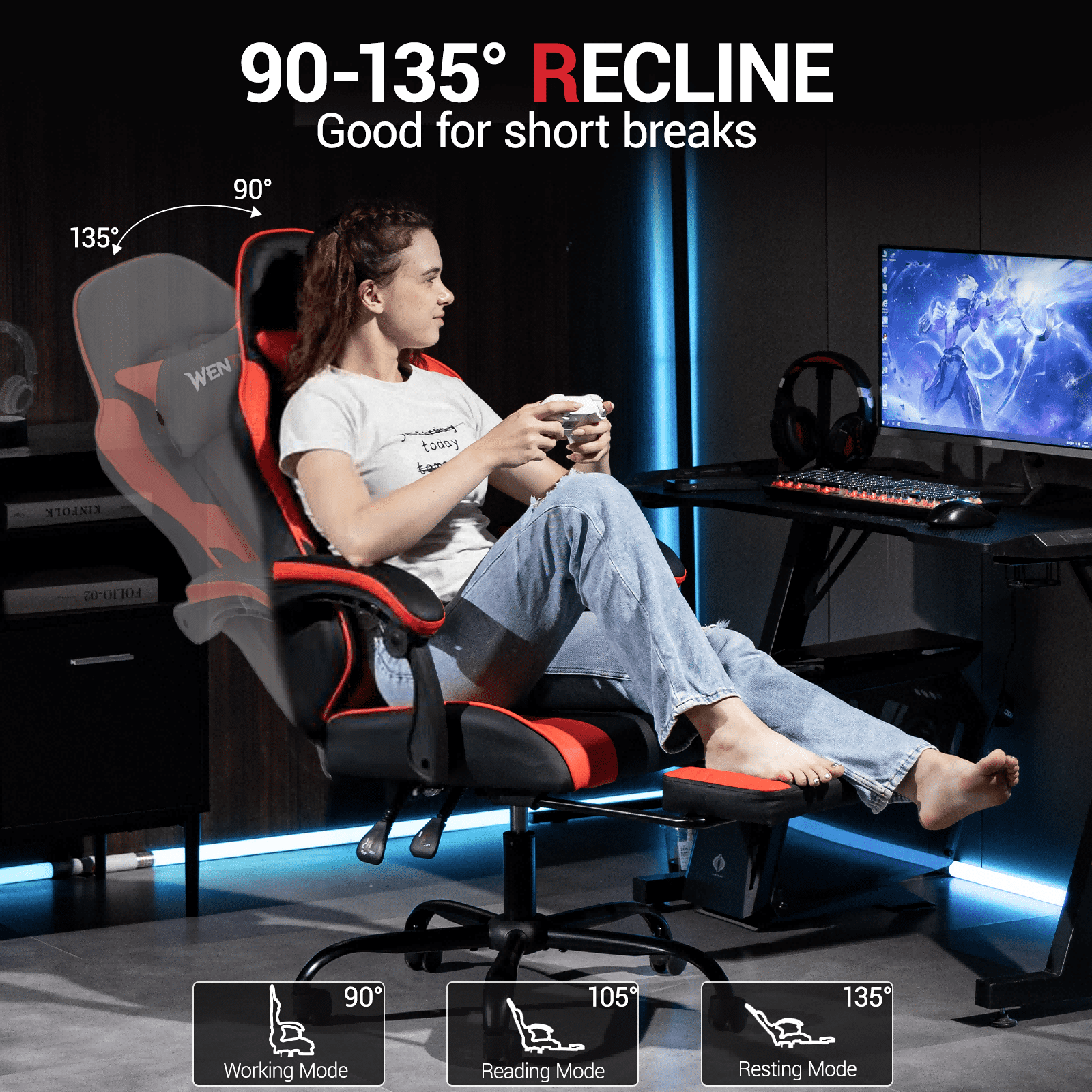 WENTUM Ergonomic Reclining Gaming Chair with Linkage Armrests & Footrest, Racing Office Chair, PU Leather Computer Desk Chair, Red