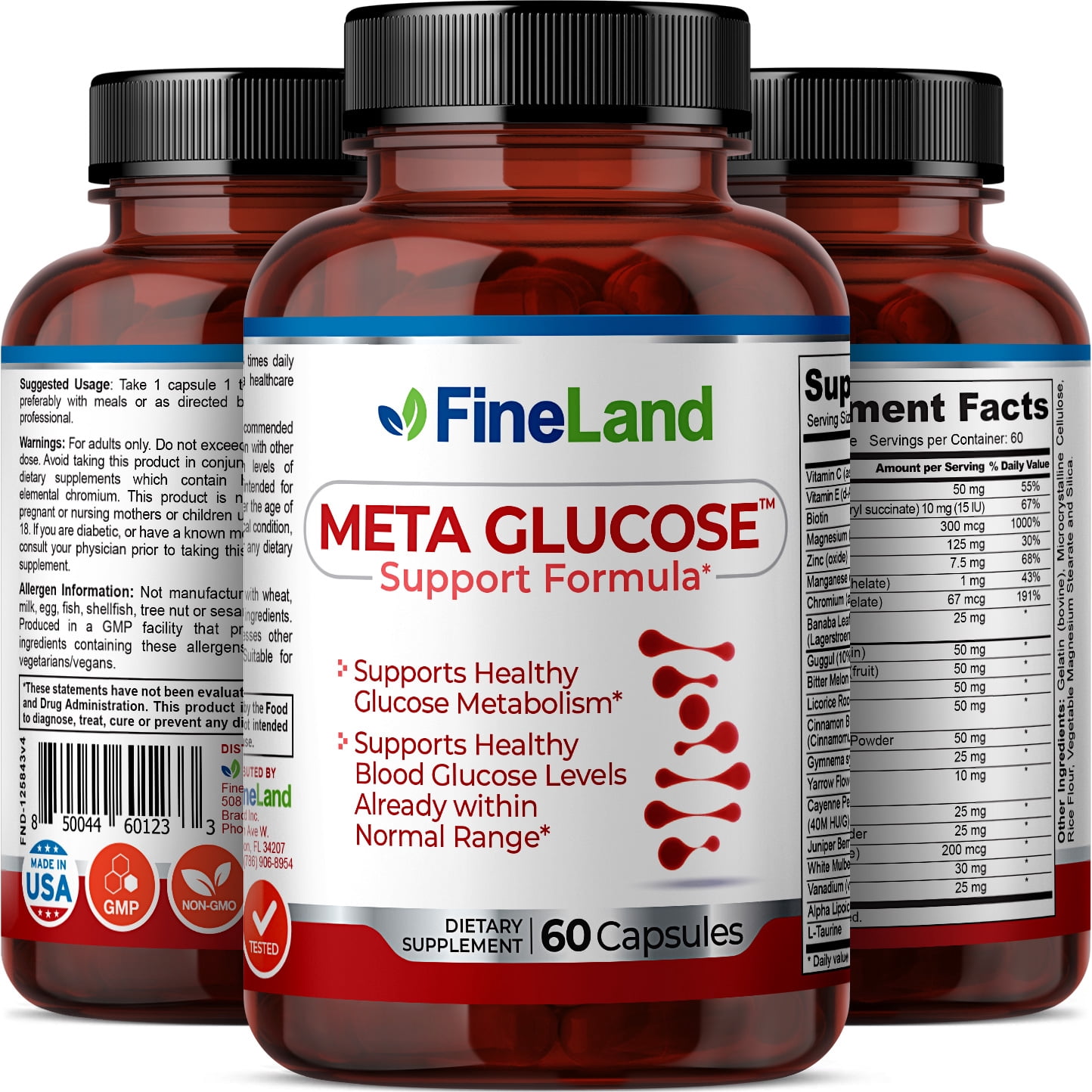 Fineland Vitamins META GLUCOSE Support Formula Adult Vegan Glucose 60 Count