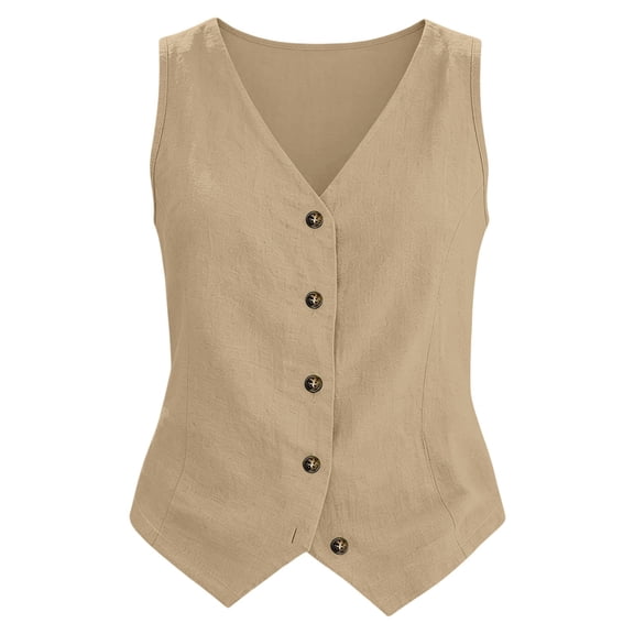NMMUED Women's Vest Cotton Linen V Neck Button Down Waistcoat Sleeveless Suit Vest Casual Dressy Business Jackets Lightweight Summer Tops for Ladies Work Office Beige L