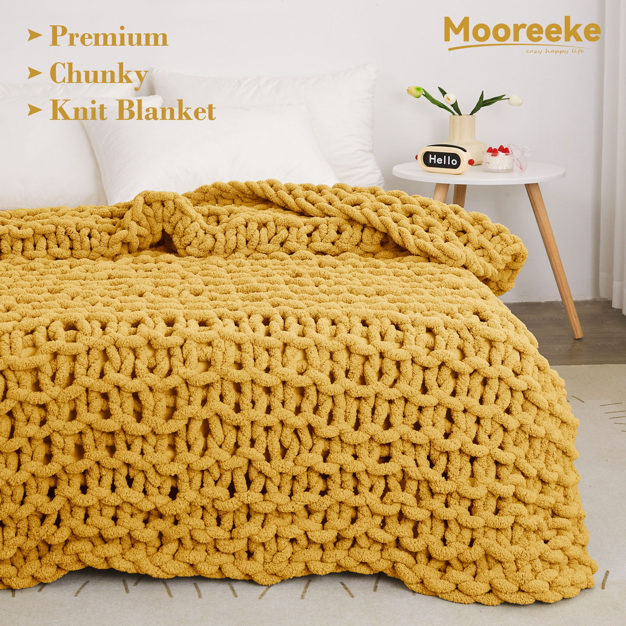 Viviland Chunky Knit Throw 30"x40" Mustard Yellow Soft Washable Chenille 100% Handmade Crochet for Couch Bed Sofa Home Decor