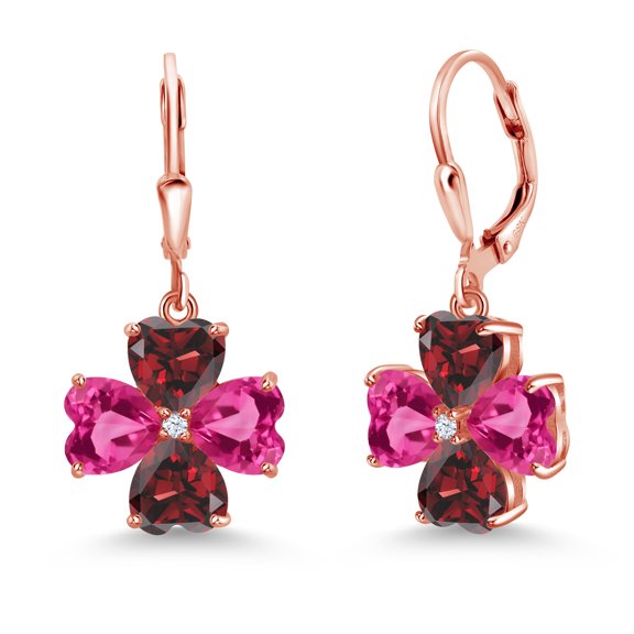 Gem Stone King 18K Rose Gold Plated Silver Pink Created Sapphire and Red Garnet Dangle Earrings for Women (7.22 Cttw, Gemstone September Birthstone, Heart Shape 6MM)