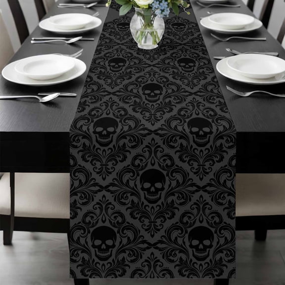 Baroque Style Table Runner, Grey Black Skull Classical Floral Mysterious Washable Cotton-linen Table Runners Dining Kitchen Decoration for Everyday Home Wedding Party Decor, 13 x 90 Inch