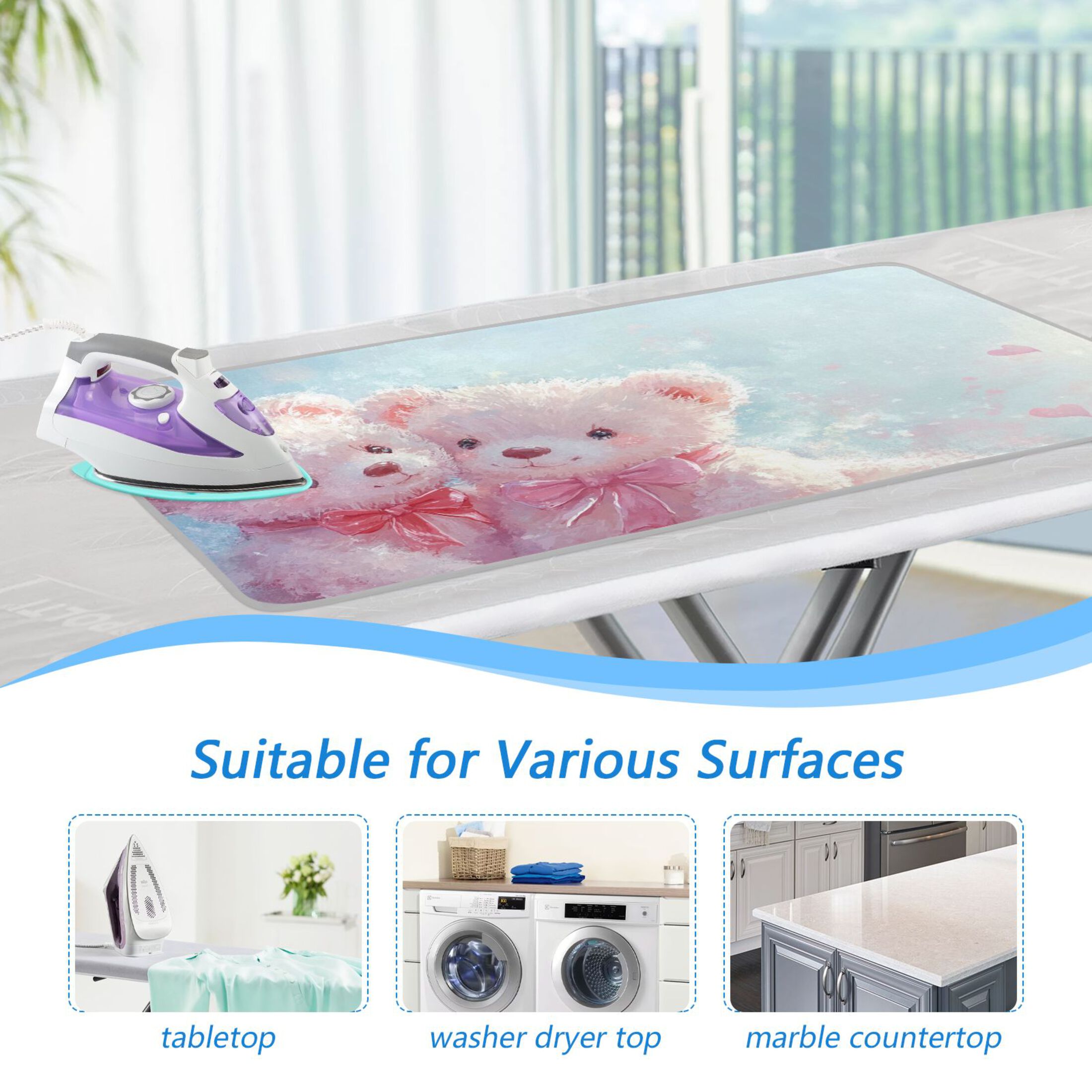 Pink Bears Hearts Ironing Board Covers Heat Resistant Ironing Pad Mat Portable for Travel Washer Dryer Table