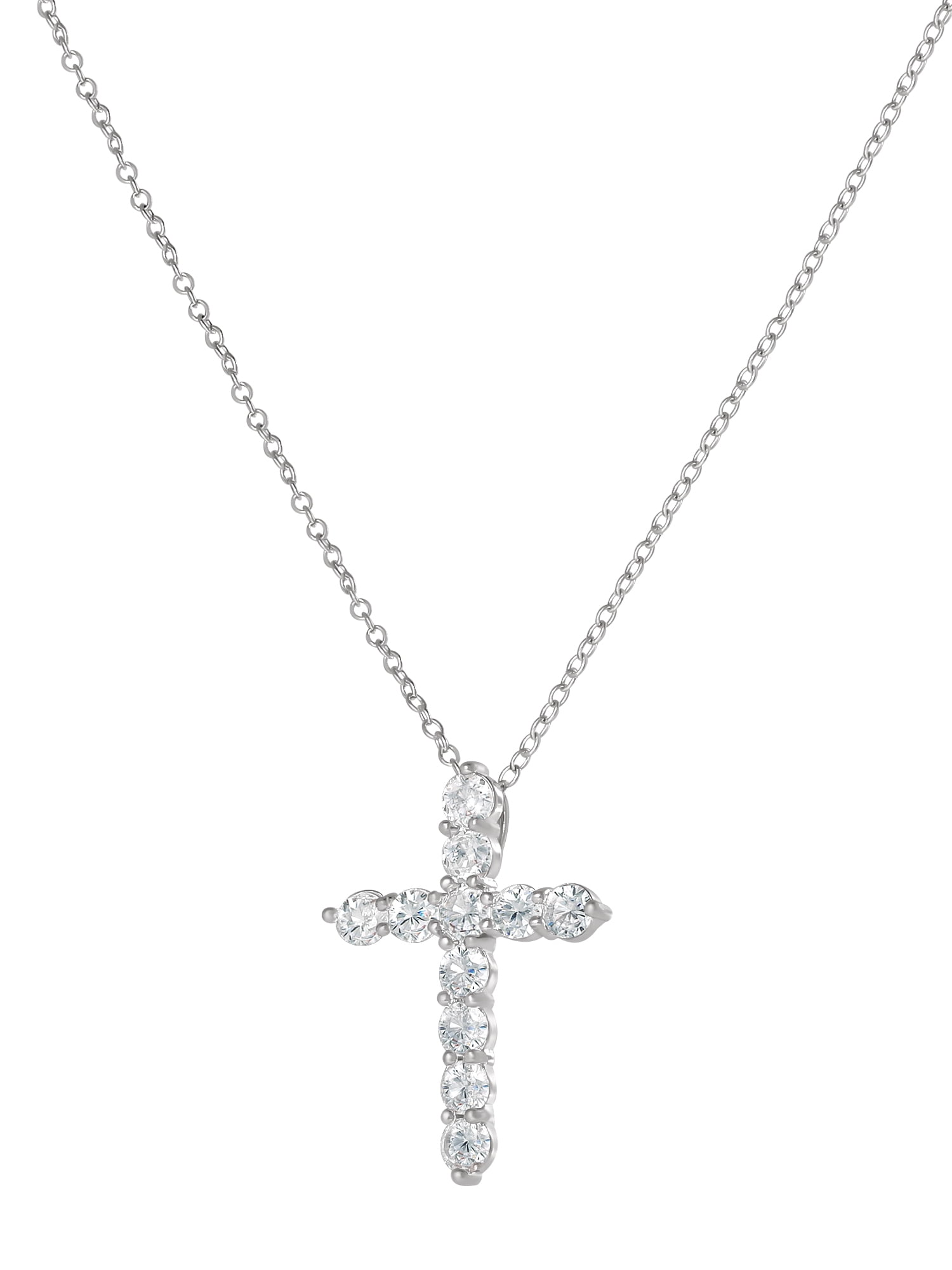 Brilliance Fine- Women's Silver Plated Brass Cubic Zirconia Cross Pendant, 18" + 2" Ext Chain