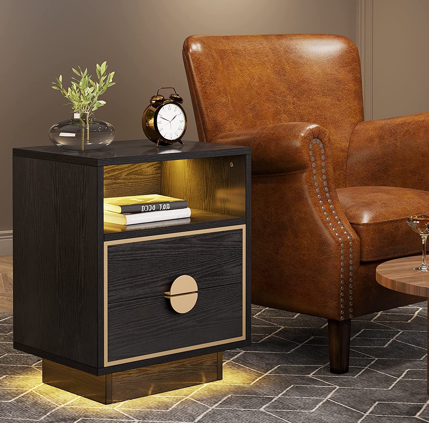 Tribesigns Led Sofa End Tables with 2 Drawers, Wood Bedside Table