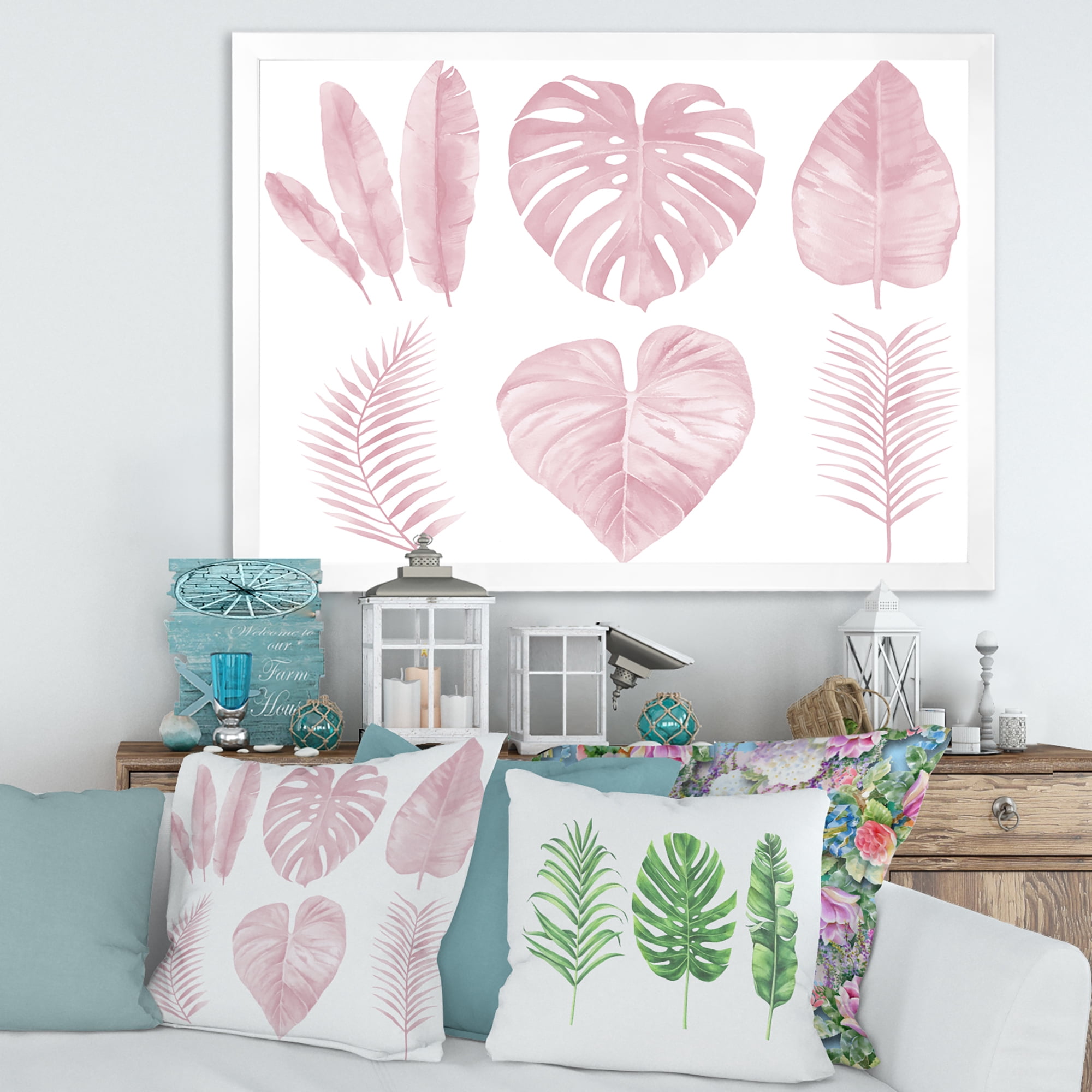 Designart 'Tropical Pink Watercolour Leaves On White I' Shabby Chic Framed Art Print