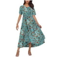 thumbnail image 2 of Summer Savings! Horkkom Floral Dress for Women Crew Neck Short Sleeve Shirt Dresses with Pockets Summer Maxi Pleated Dress Blue S, 2 of 5