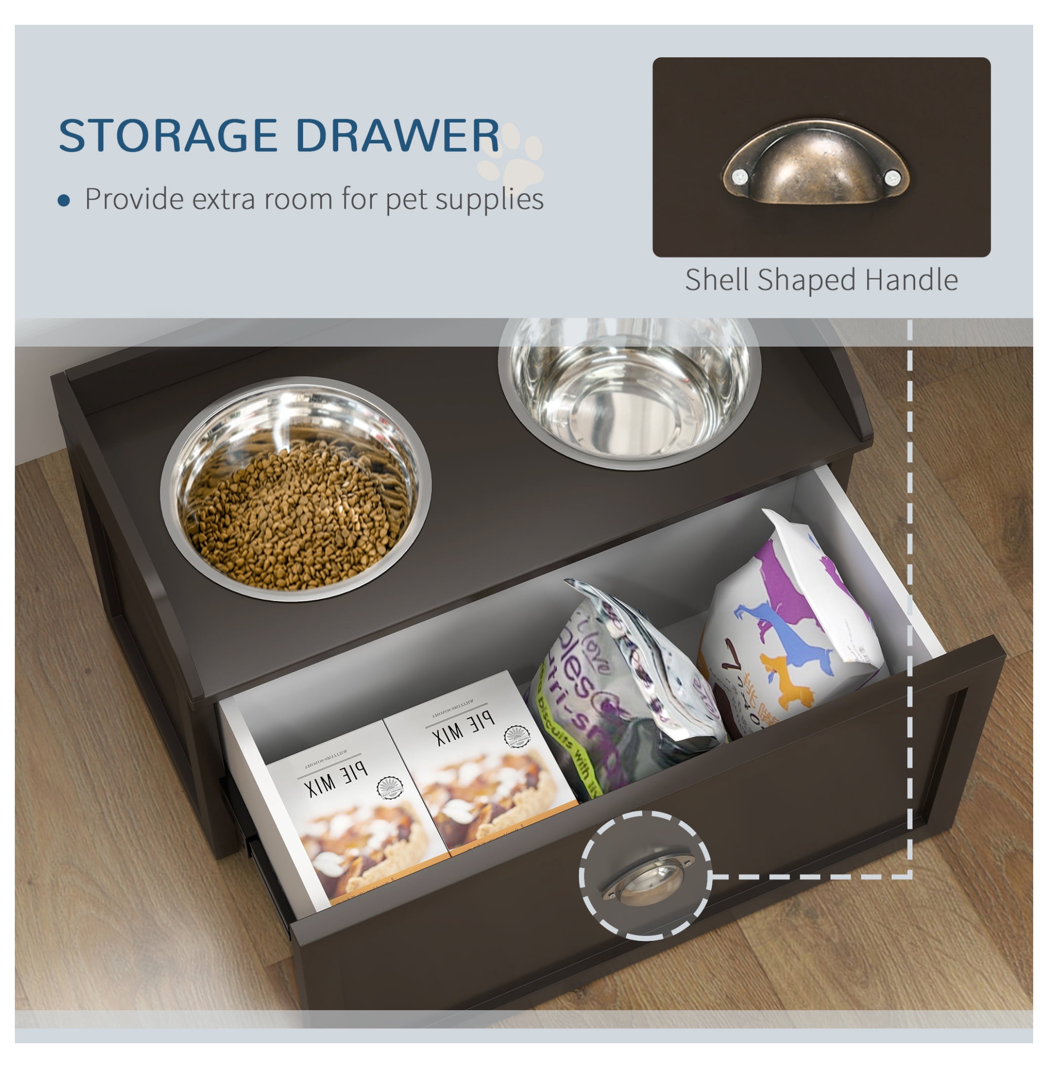 Elevated Dog Bowls with Storage, Pet Feeding Station for Large Dogs, 2 Stainless Steel Bowls, Coffee Finish