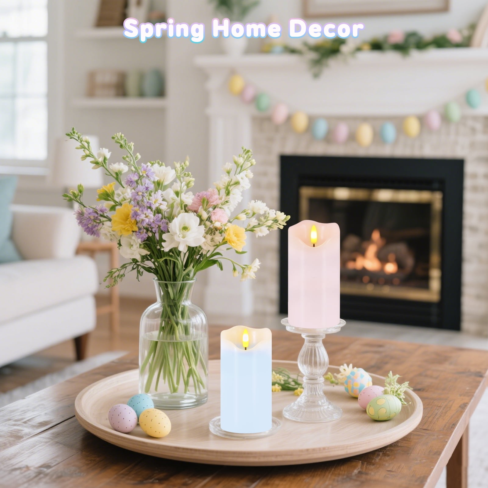Flameless Candles Light, Set of 2 6"x3" Flickering Pastel Spring LED Candles with Remote & Timer, Dimmable Real Wax Easter Pillar Candles Battery Operated for Home Spring Easter Decor