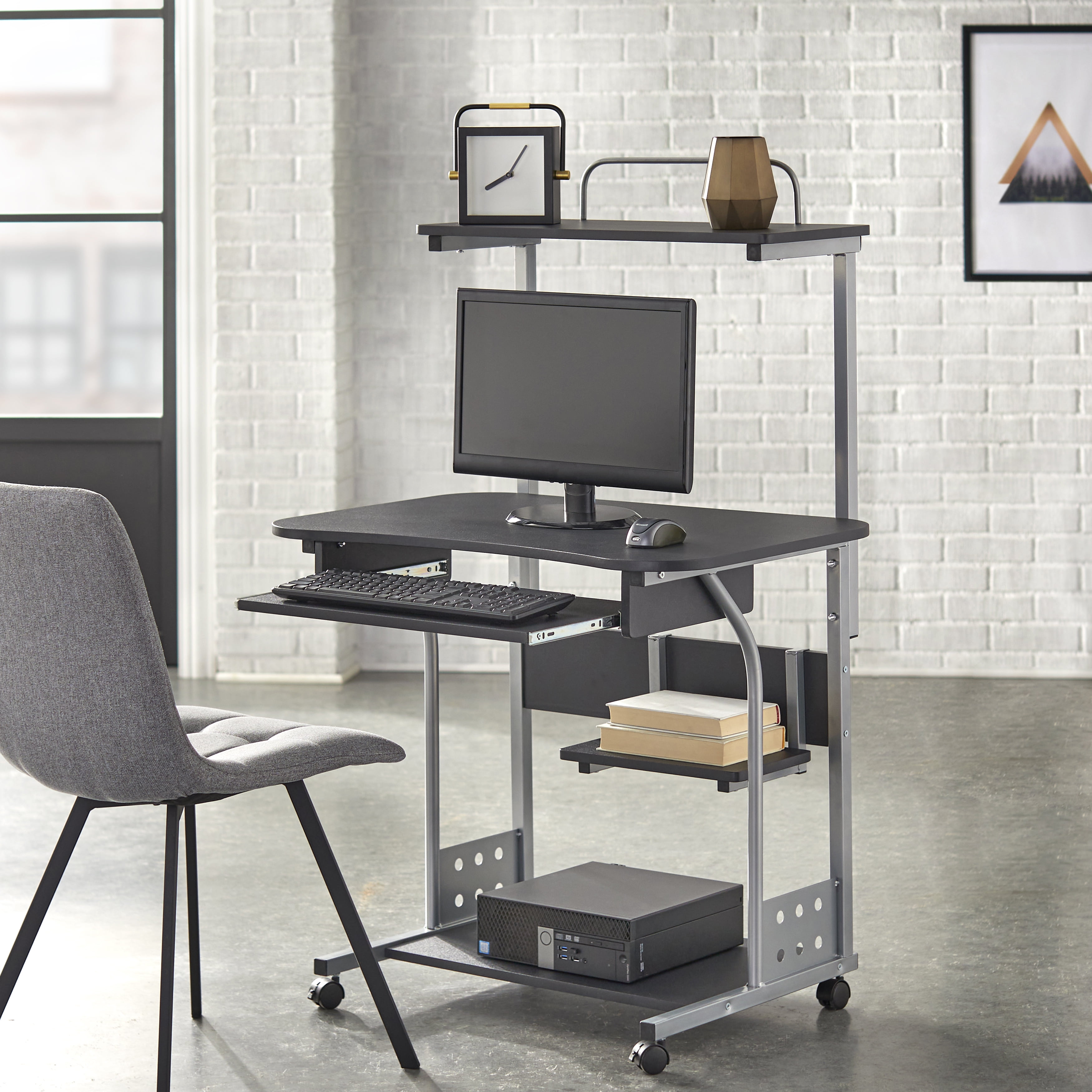 Mobile Computer Tower with Multiple Shelves and Pull-Out Keyboard Tray
