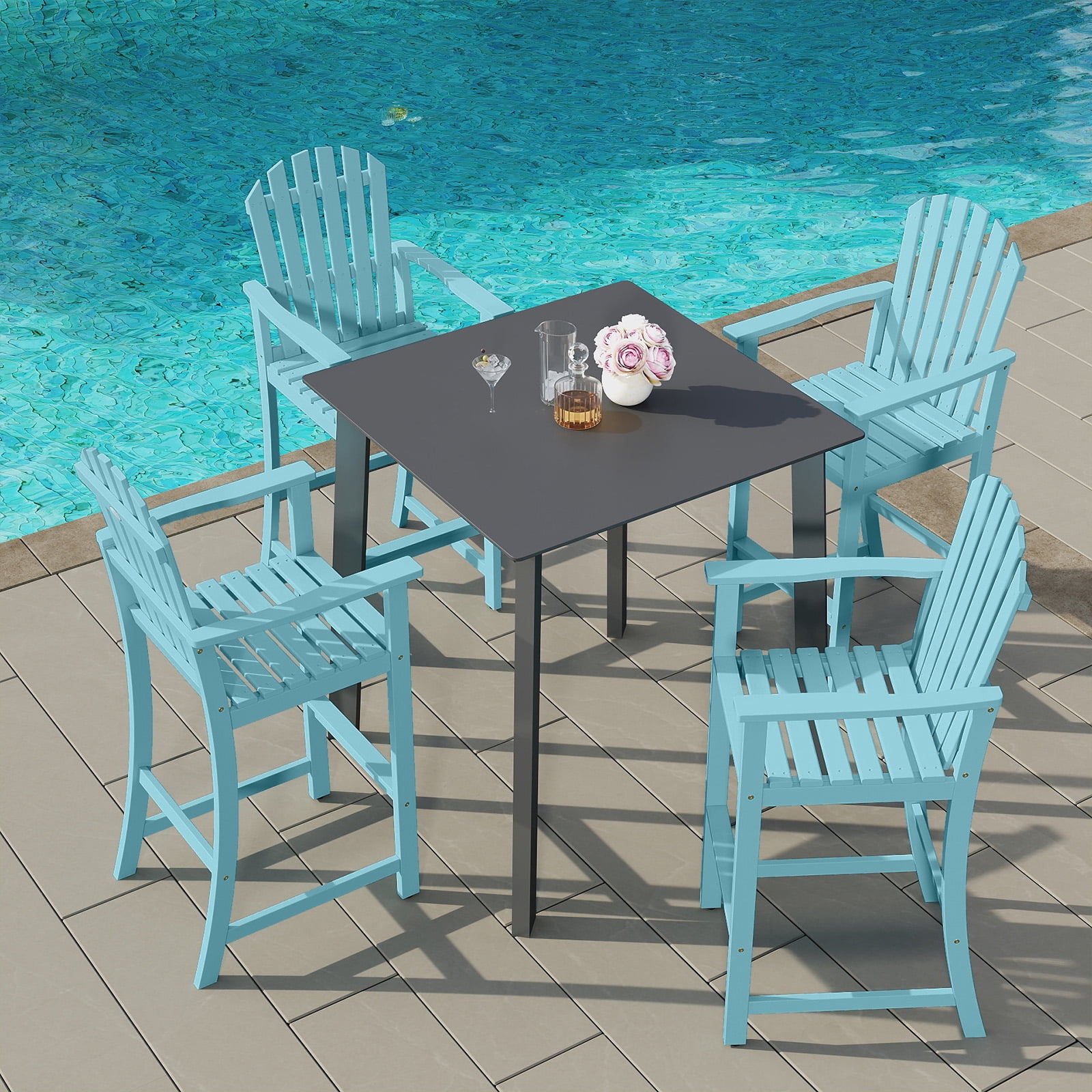 Gymax 4PCS Tall Adirondack Chair w/Back Armrests & Footrest for Balcony Porch Deck Turquoise