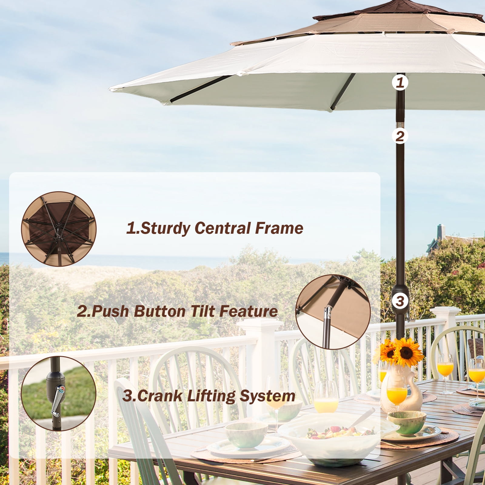 Aoodor 10ft 3-Tier Patio Umbrella, Outdoor Table Market Umbrella Tilt Adjustment and Crank
