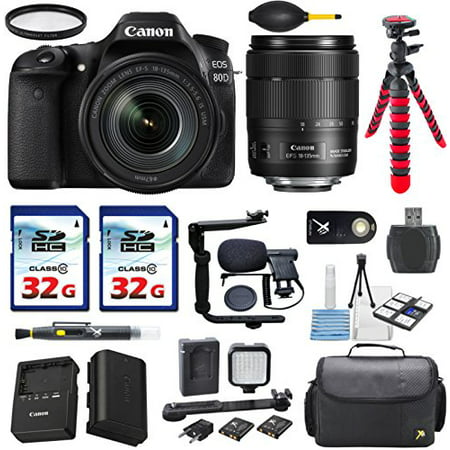 Canon EOS 80D 24.2MP DSLR Digital SLR Camera with EF-S 18-135mm f/3.5-5.6 Image Stabilization USM Lens + 2pc Commander 32GB Memory Cards + LED Light Kit + Deluxe Camera Case + Shotgun