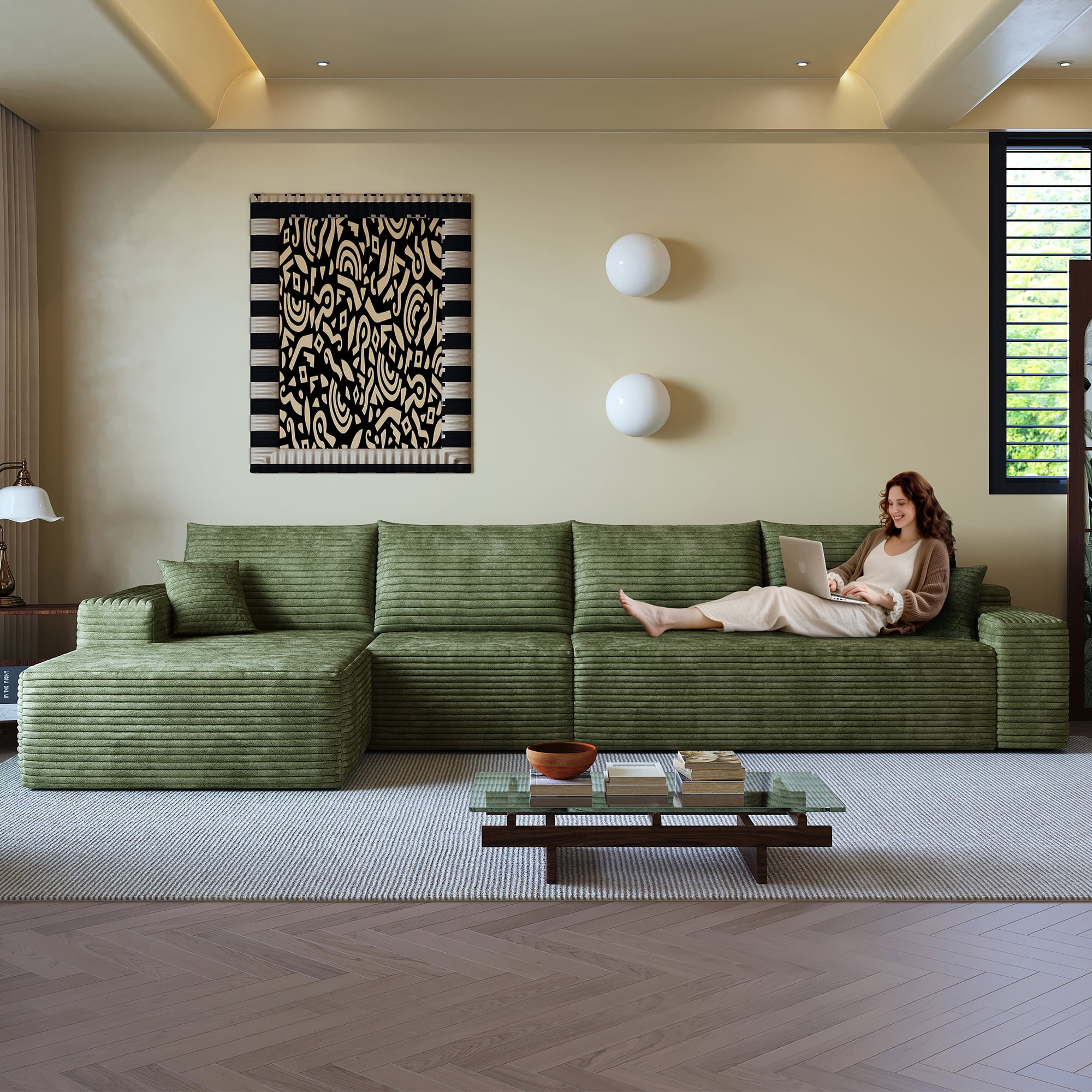 MAYEERTY 135" Cloud Sectional Couch Green Plush Corduroy L-Shape Chaise Deep Seat No Assembly Living Room/Bedroom