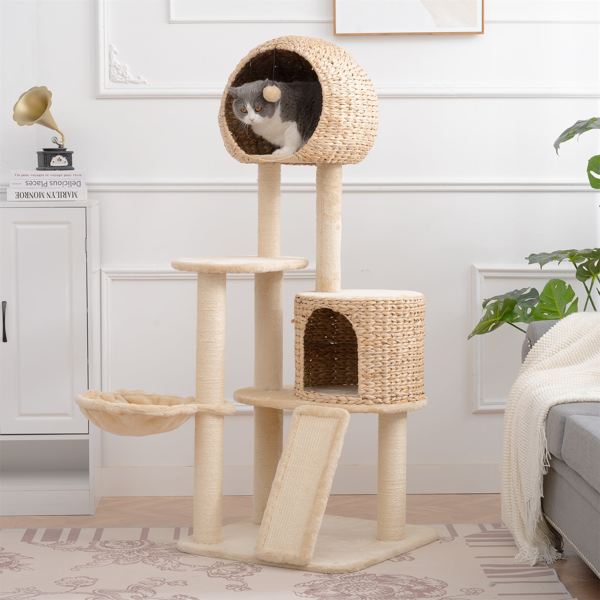 Pefilos 61" Cat Tree Tower for Indoor Cats, Plush Multi-Level Cat Condo with 1 Perches, 2 Caves, Cozy Basket and Scratching Board, Beige Pefilos 61" Cat Tree Tower for Indoor Cats, Plush Multi-Level Cat Condo with 1 Perches, 2 Caves, Cozy Basket and Scratching Board, Beige