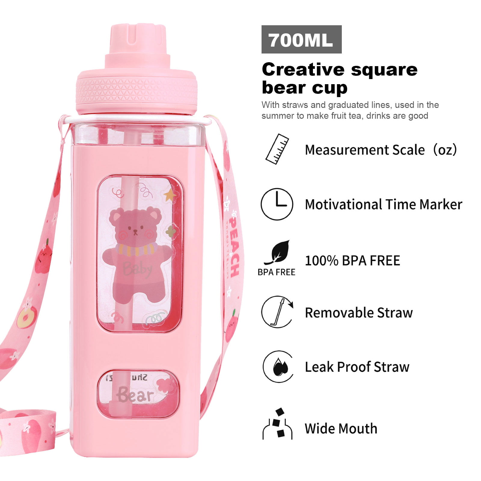Kawaii Water Bottle,Outdoor Travel Drinking Tumbler with Straw Cute Cartoon  Leak Proof Mug Portable Sport Cup 24oz