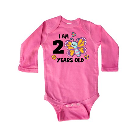 

Inktastic I am 2 Years Old Cute Smiling Butterfly with Flowers Gift Baby Girl Long Sleeve Bodysuit