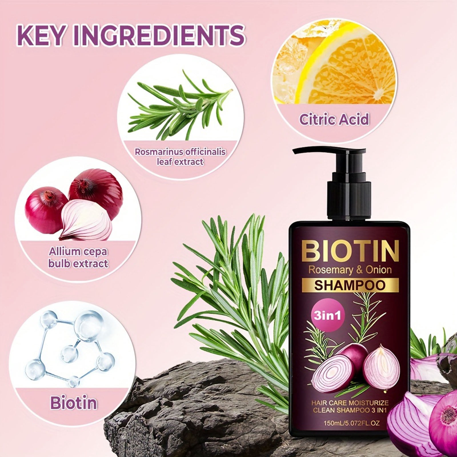 HHBEAUTY Onion & Rosemary Hair Shampoo: Biotin Infused Shampoo for Hair Loss and Thinning Hair - Promotes Healthier, Thicker and Stronger Hair for Women and Men