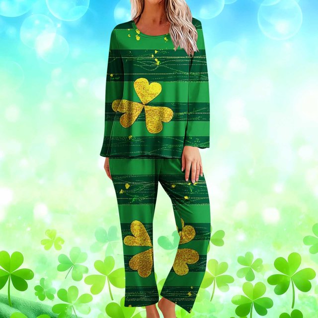 RKSTN St Patrick's Day Pajamas Set for Women Oversized Crewneck St Paddy's Day Lucky Shamrock Printed Loungewear Matching Sets Womens Casual Plus Size Loose Fits T Shirts and Pjs Pants 2 Piece Set