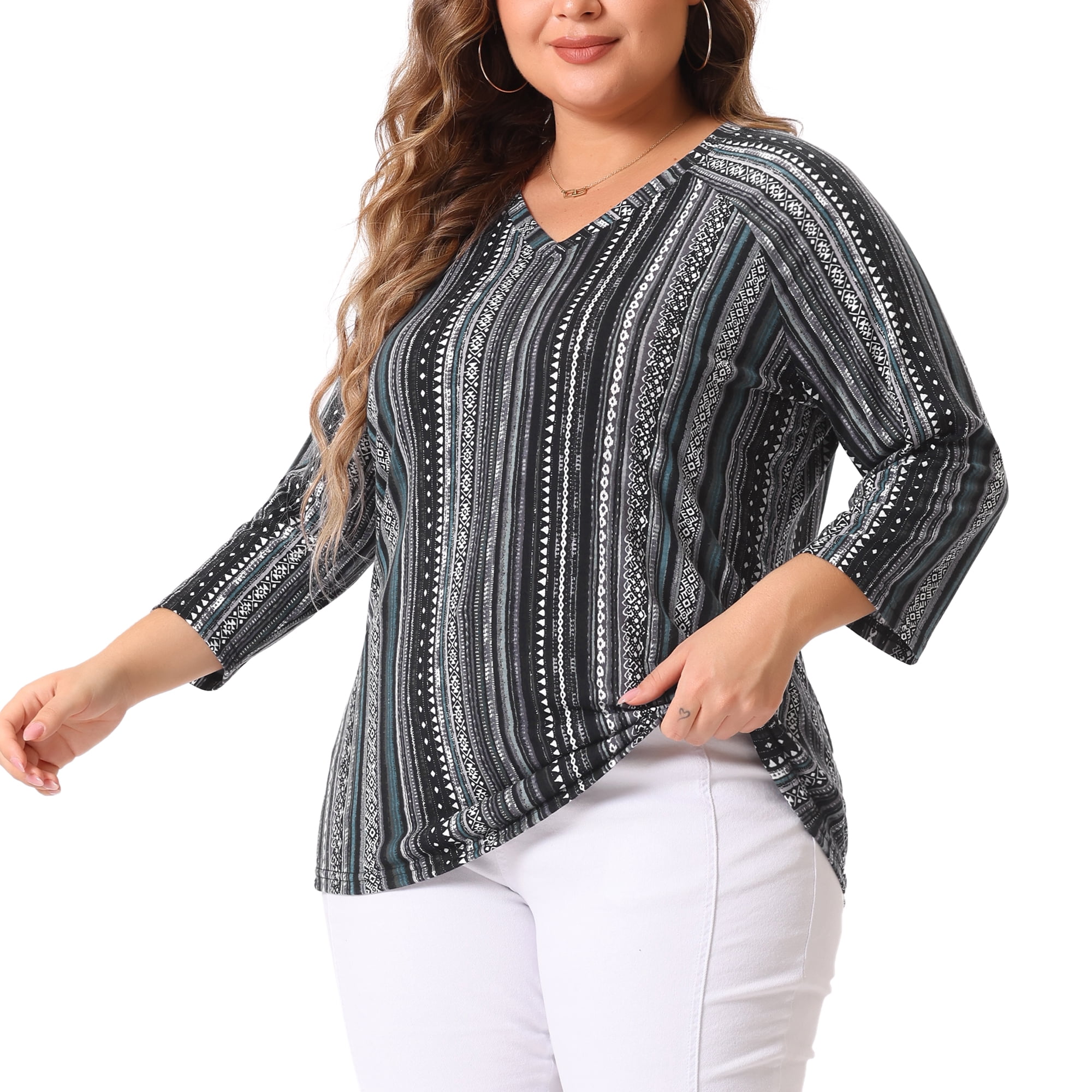 Women's Plus Tops V Neck 3/4 Sleeve Knit Blouse Tee Shirt Stripe Boho Tops 1X Black