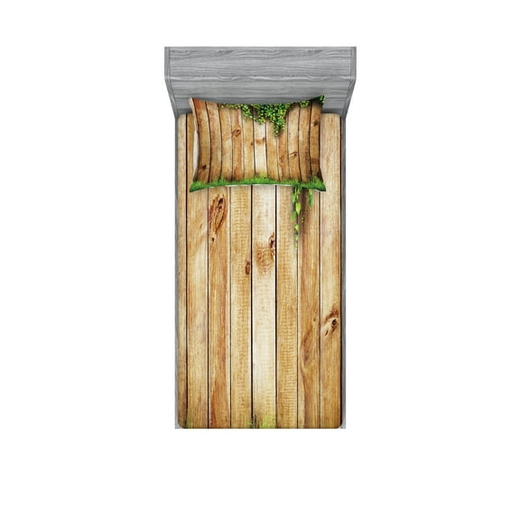 Ambesonne Rustic Fitted Sheet & Pillow Sham Set, Wooden Garden Fence, Twin, Green Brown