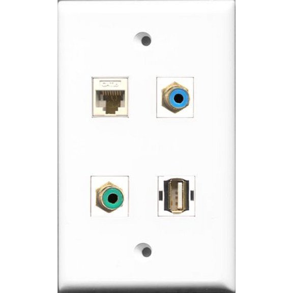 RiteAV 1 Port RCA Green and 1 Port RCA Blue and 1 Port USB A-A and 1 Port Cat6 Ethernet White Wall Plate
