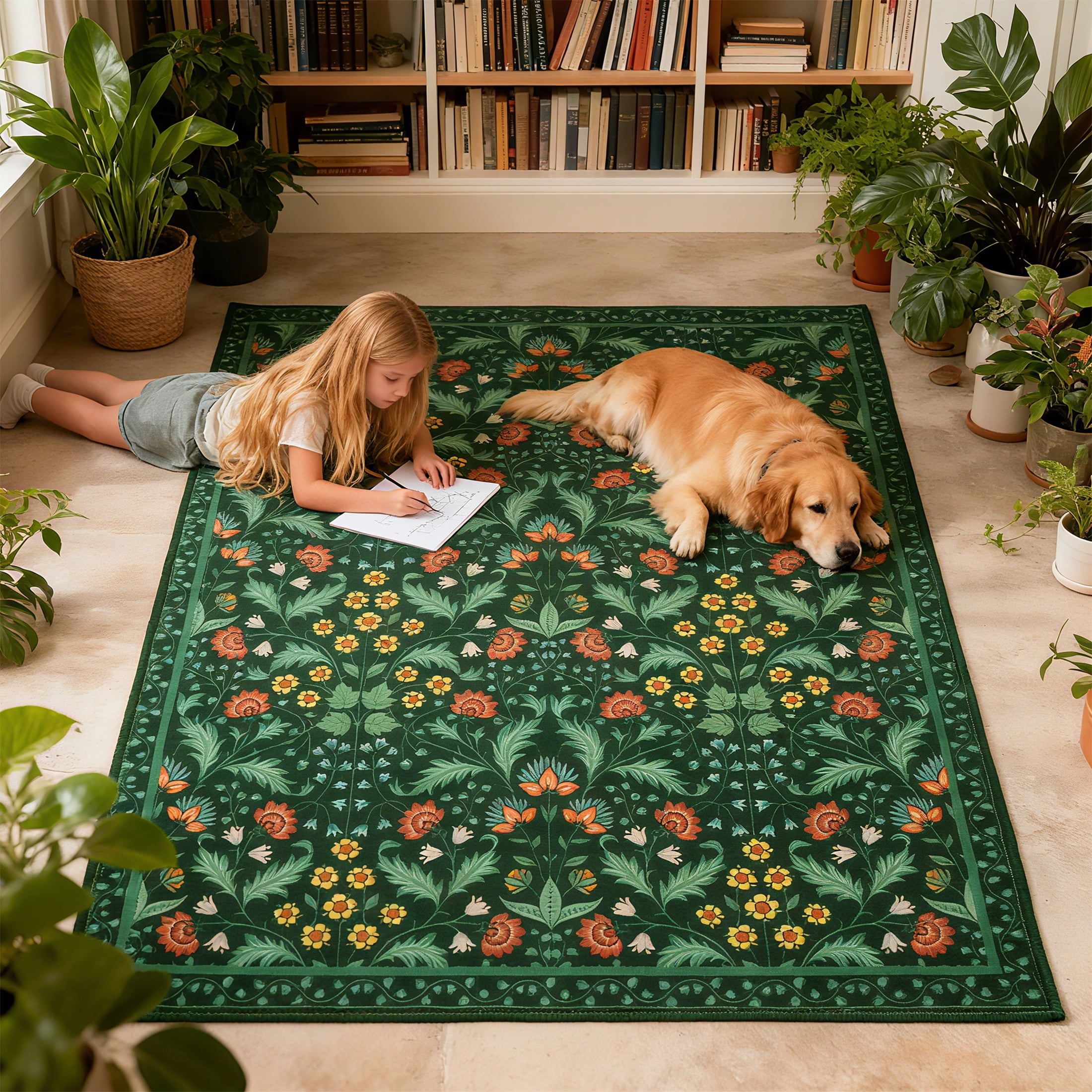 ARJINCUTE Spring Blooms Vintage Green Area Rugs 5' x 7', Soft Touch, Non Slip, Low Pile, Machine Washable, Foldable