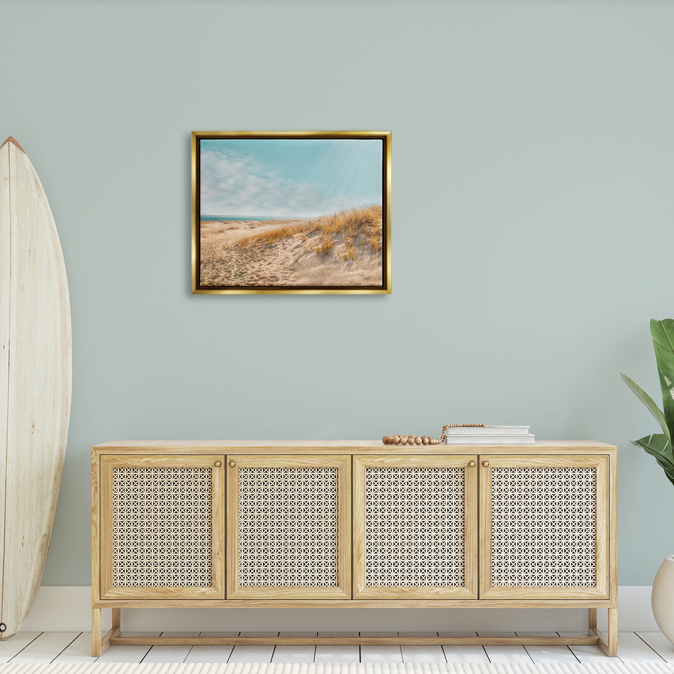 Sandy Ocean Beach Sun Rays Coastal Photograph Metallic Gold Framed Art Print Wall Art