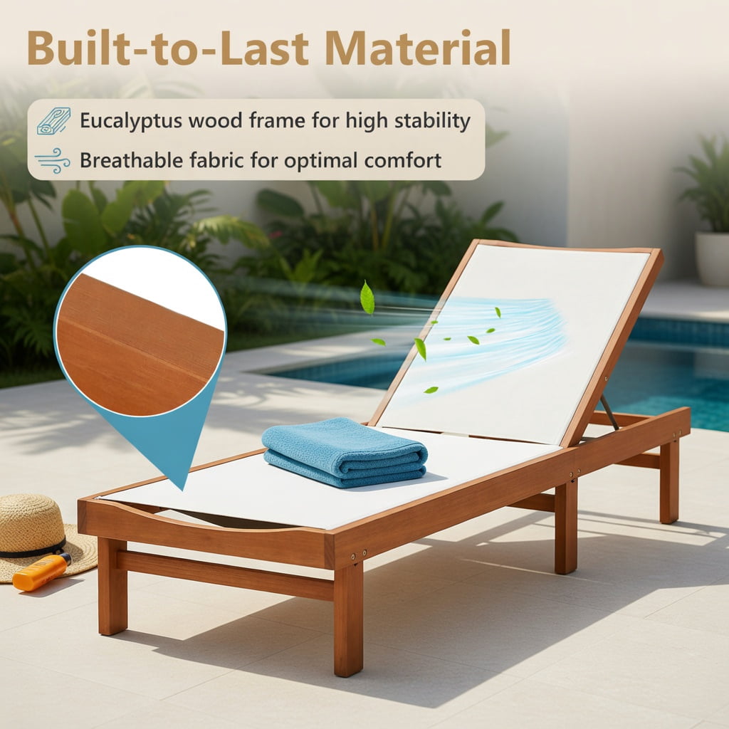 Hommoo Outdoor Teak & White Eucalyptus Wood Chaise Lounge Chair with 5-Position Adjustable Backrest, Breathable Fabric, Heavy-Duty Steel Frame, Poolside & Garden Use, White