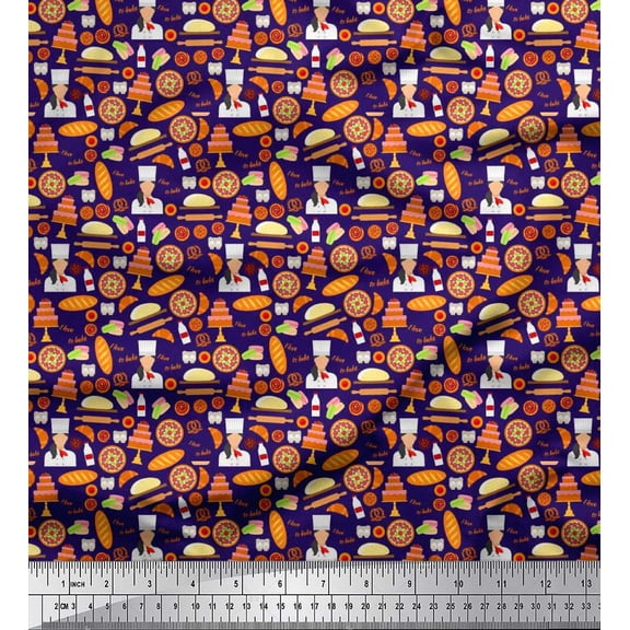 Soimoi Silk Fabric Pizza,Cake & Croissant Food Printed Craft Fabric by The Yard 42 Inch Wide