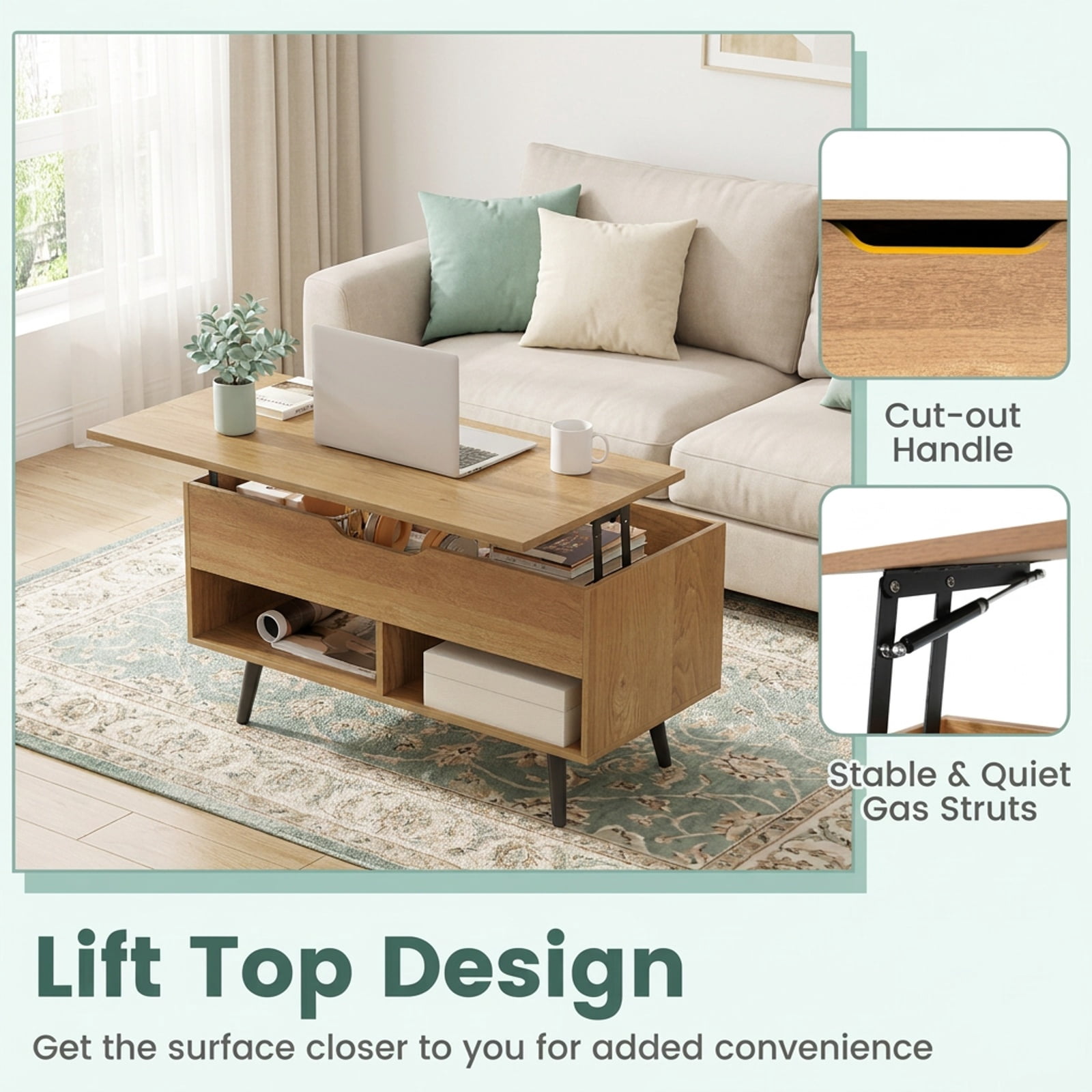 Furnibear 31.5 Inch Lift Top Coffee Table with Hidden Storage Compartment and 2 Open Shelves a Modern Living Room Center Table, Natural