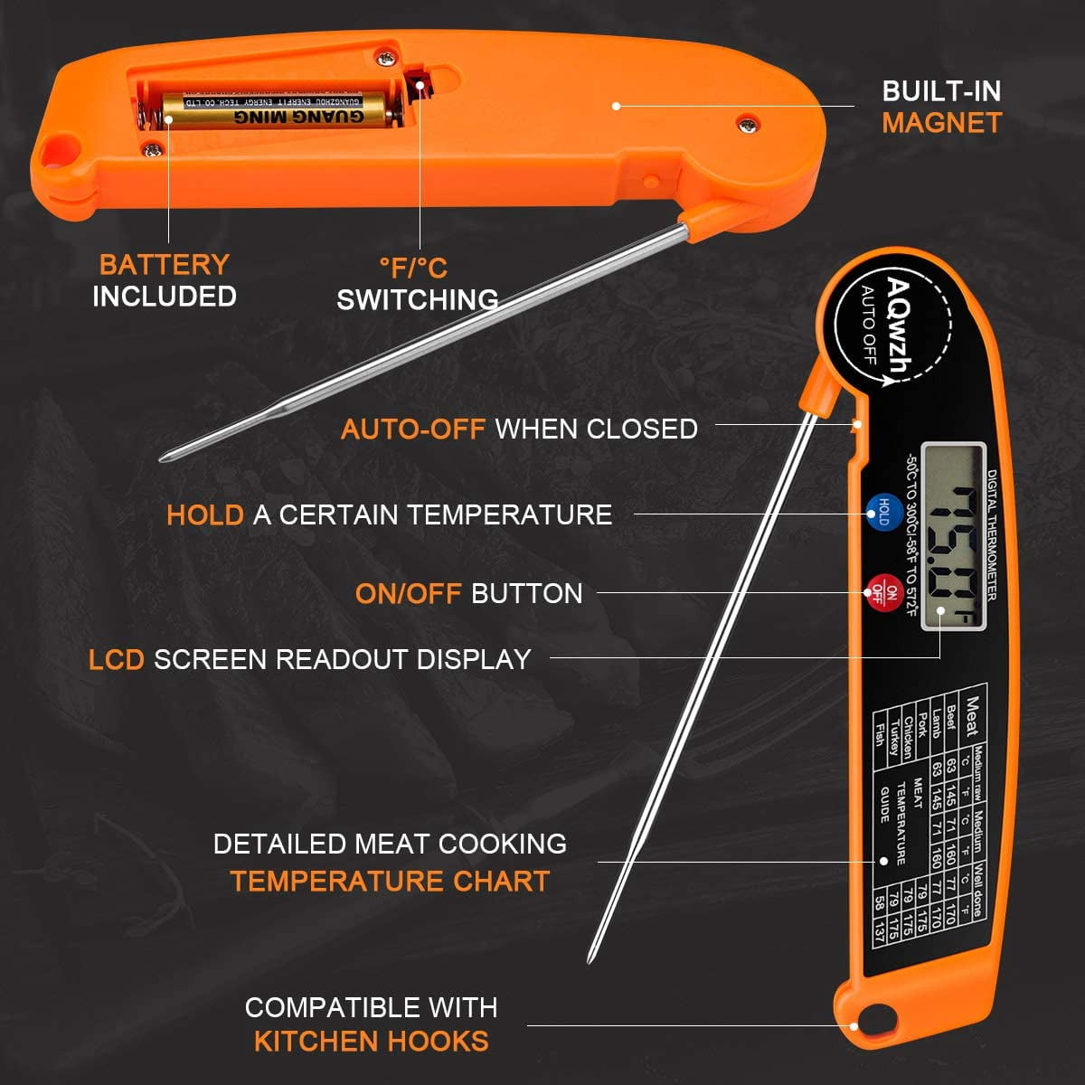 AQwzh Meat Thermometer, Instant Read Thermometer, Meat Thermometer, Food Thermometer, Candy Thermometer, for Kitchen BBQ Grill Smoker Meat Coffee Oil Milk Yogurt Temperature