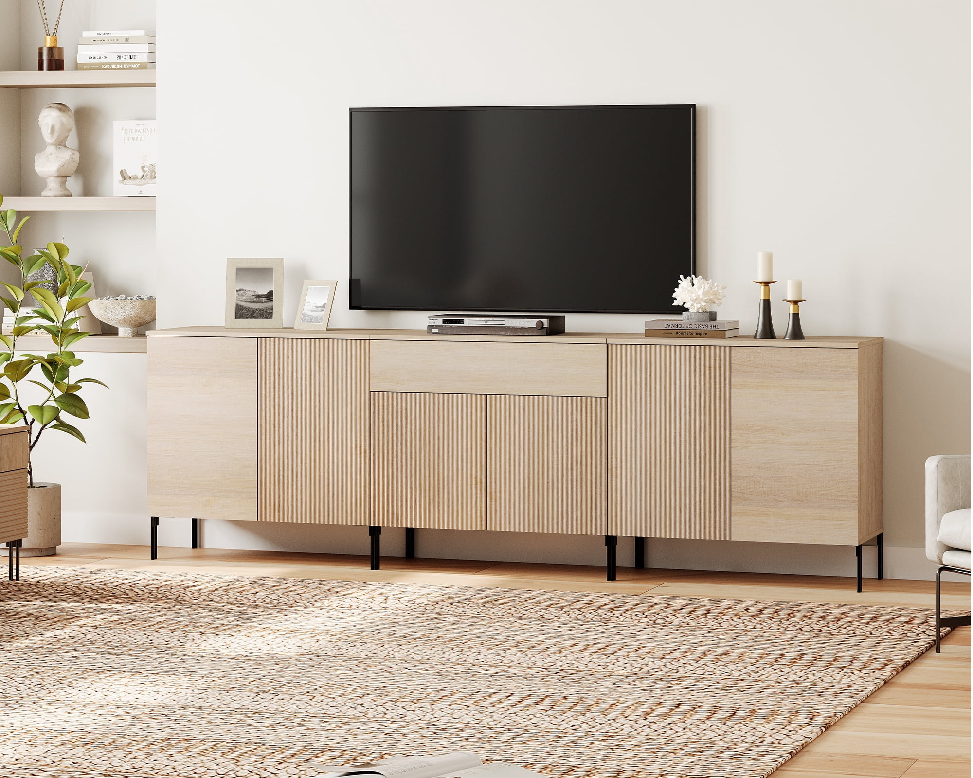 94.5" Modern Reeded Dresser TV Stand for TVs up to 100 Inch, Entertainment Center with Adjustable, Wooden TV Console with Storage for Living Room