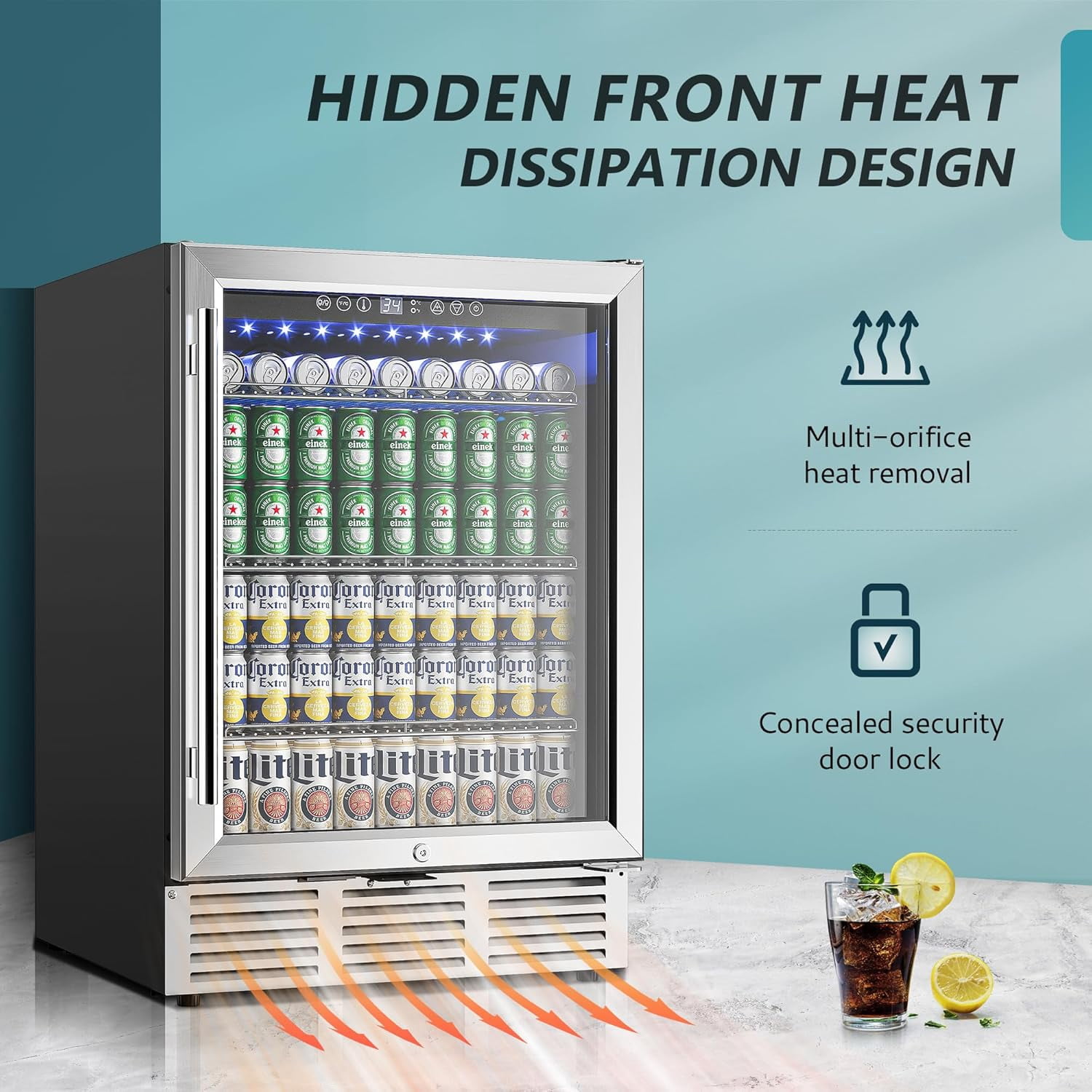 EUHOMY 23.9 Inch Beverage Refrigerator, 179 Can Built-in Beverage Cooler, Under Counter Beer Fridge with Glass Door