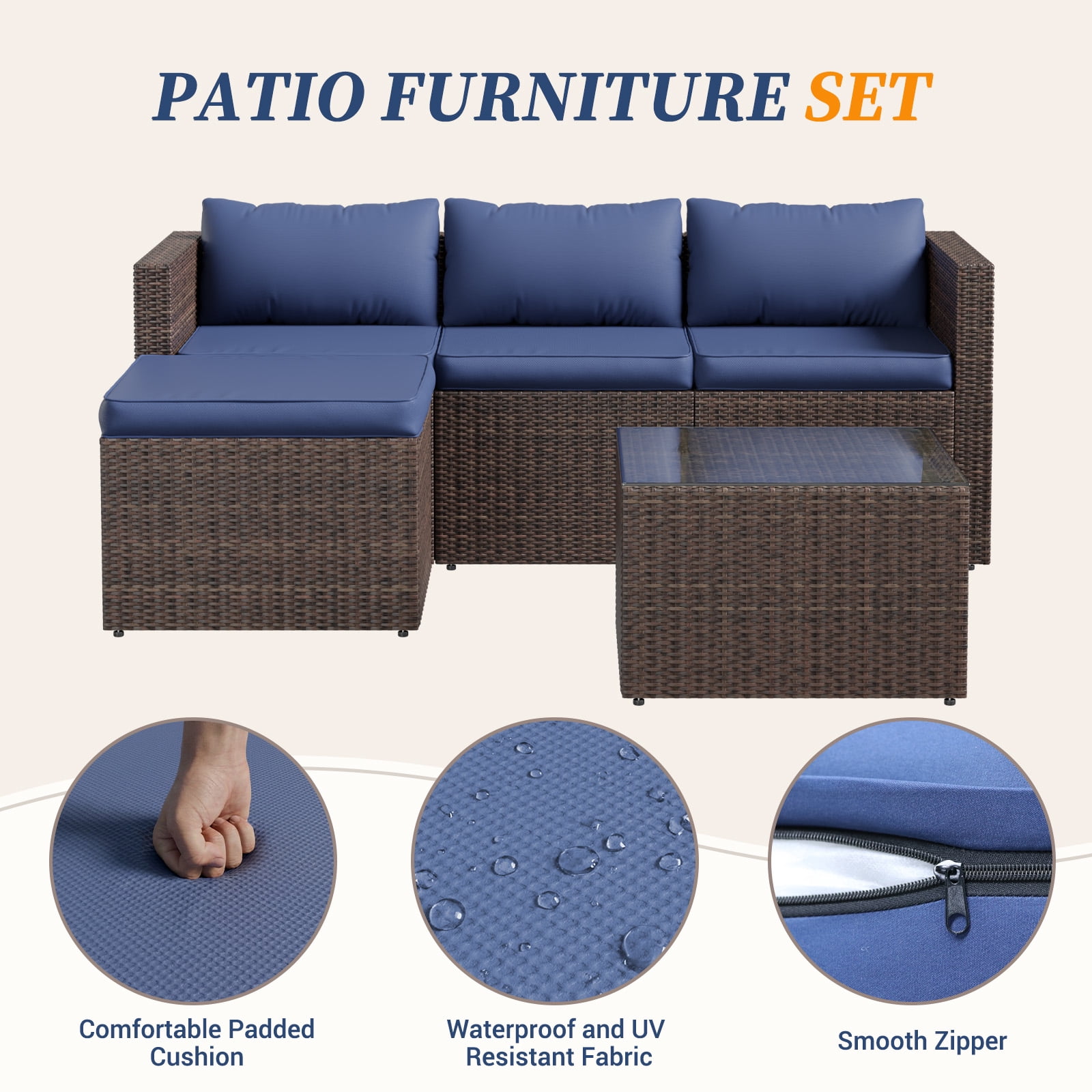 ELPOSUN 5-Piece Patio Furniture Set,Patio Conversation Set All-Weather Wicker Outdoor Sectional Sofa Set with Table & Cushions, Blue