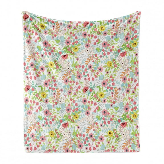 Floral Soft Flannel Fleece Throw Blanket, Doodle Style Composition of Flowers Blossoming Garden Art Design Creative Spring, Cozy Plush for Indoor and Outdoor Use, 50" x 60", Multicolor, by Ambesonne