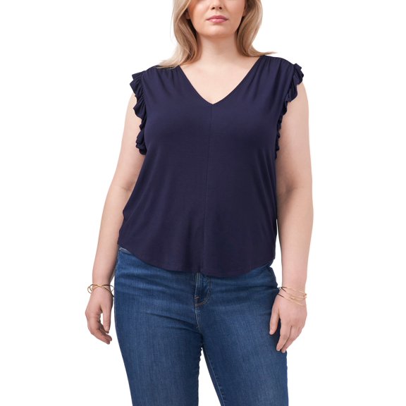 MSRP $49 1.State Women V-Neck Ruffle Sleeveless Blouse Navy Size 2X