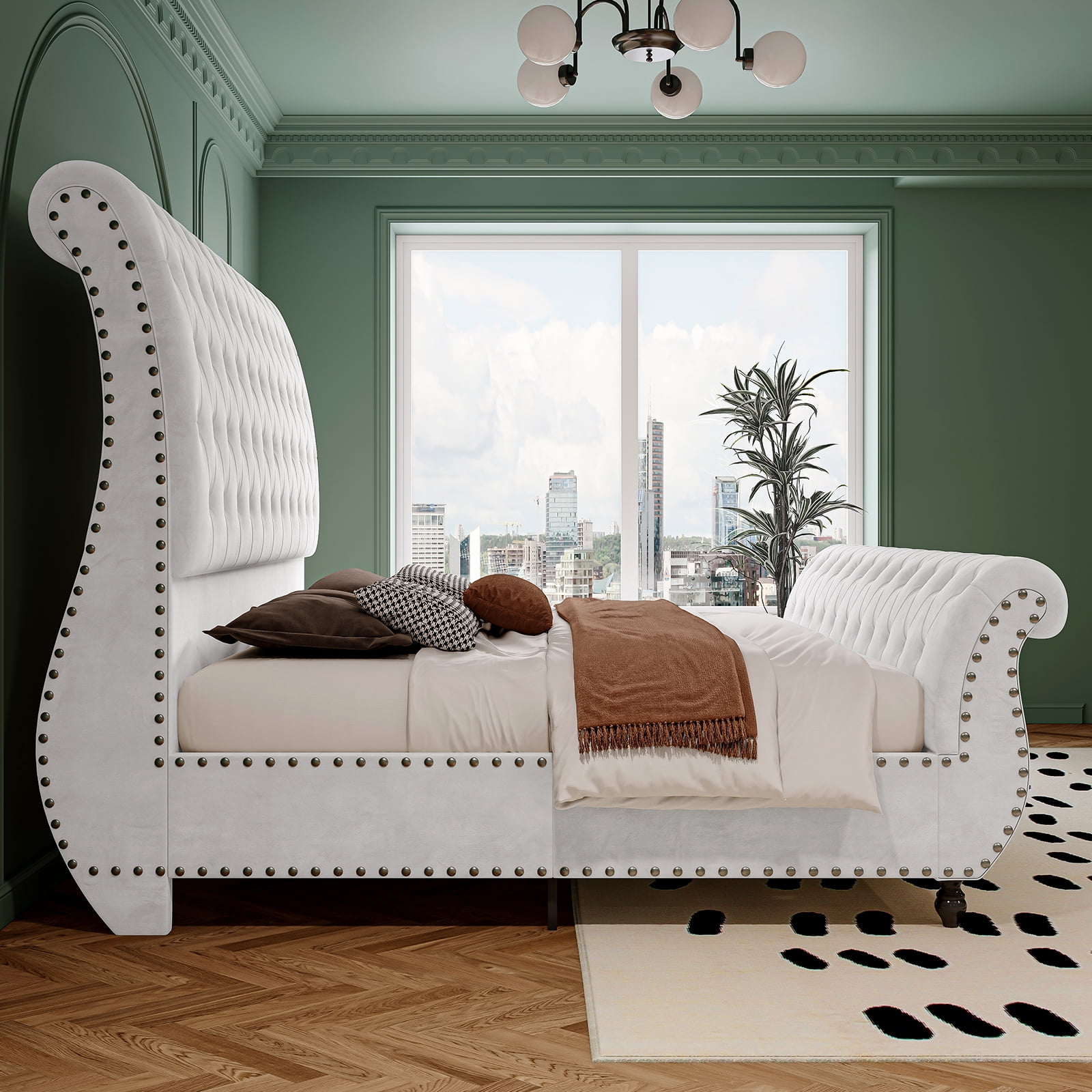 Merluxy Queen Size Bed Frame, Velvet Upholstered Platform Sleigh Bed With Scroll Headboard & Footboard, Button Tufted, No Box Spring Needed,White