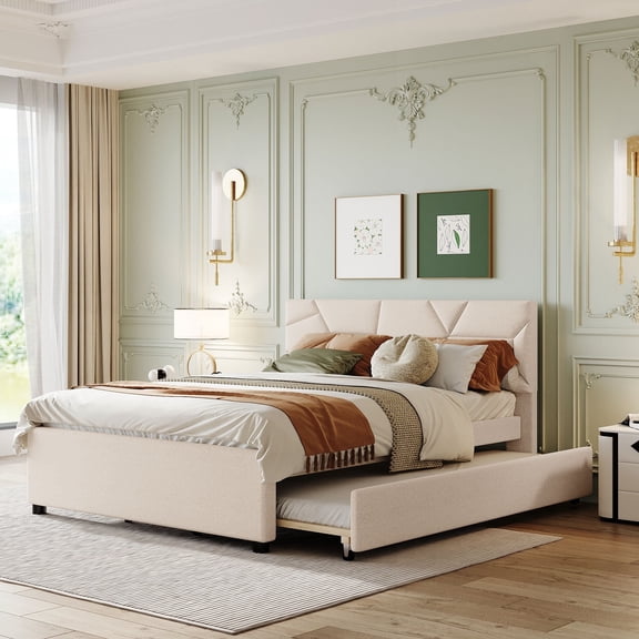 DRNANLIT Queen Size Upholstered Platform Bed with Brick Pattern Headboard & Twin XL Trundle, Linen Fabric Beige