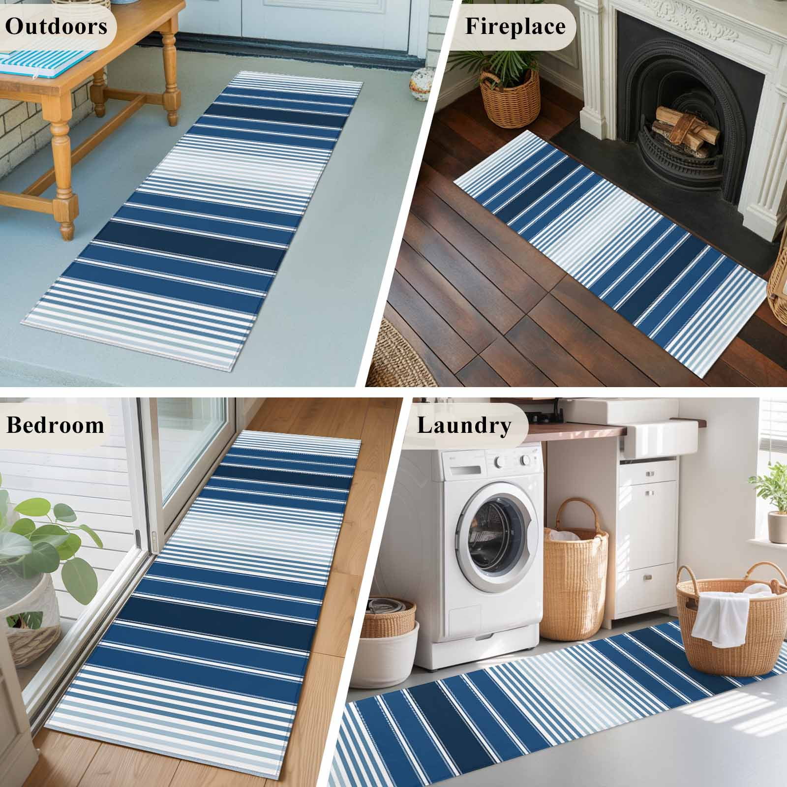 Navy Blue Stripe Area Rugs 2x6 for Kitchen Runner Rug, Modern Blue Ombre Vertical Striped Non Slip Washable Rug Runner, Low Pile Indoor Floor Carpet Mat Bathroom Rugs for Bedroom, Kids Room