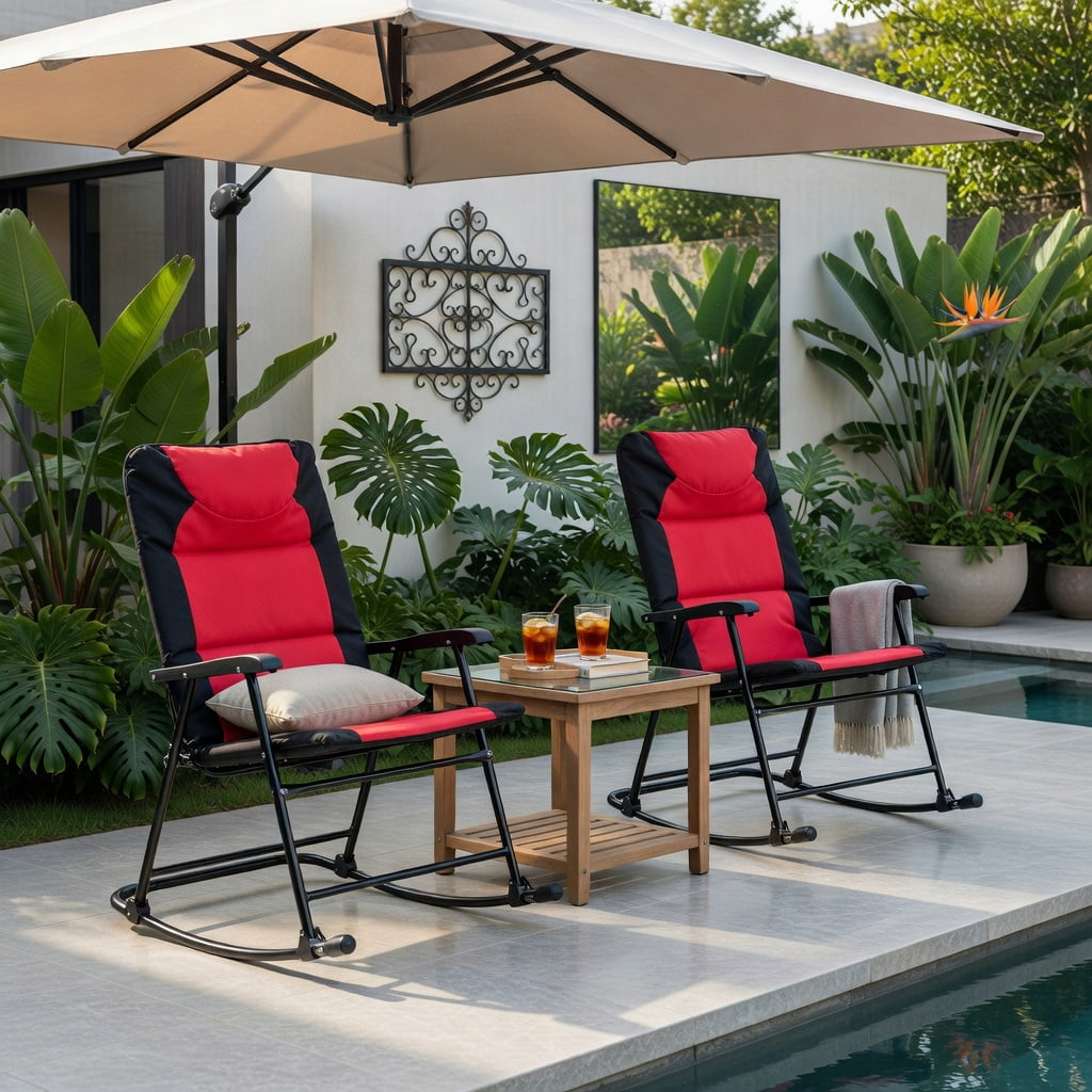 Hommoo 3-Piece Outdoor Folding Rocking Chair & Table Set with Cushions, Steel Frame, Tempered Glass Table, Portable Patio Furniture for Deck, Backyard, Camping, Red