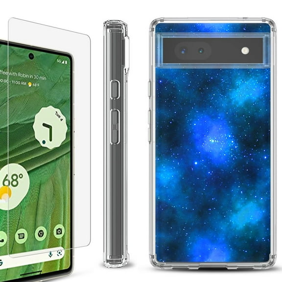 Shockproof Bumper Phone Case for Google Pixel 6a, with Tempered Glass Screen Protector, by OneToughShield ® - Cosmos/Stars