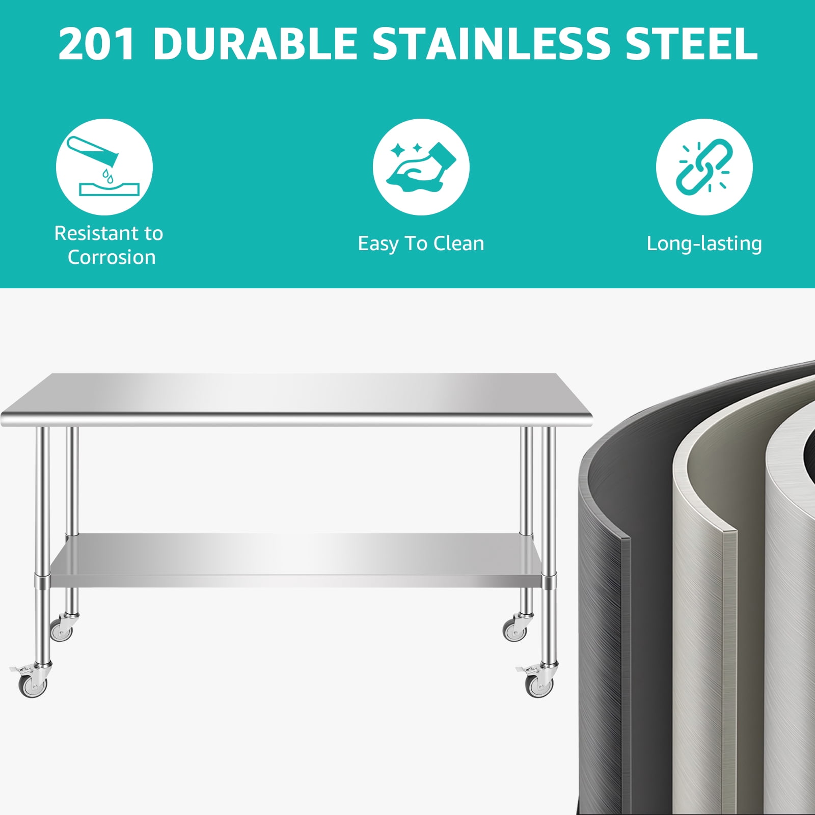PRIJESSE Stainless Steel Work Table 60 x 30 Inch Stainless Steel Table w/ Undershelf, Casters, Commercial Kitchen Work & Prep Table